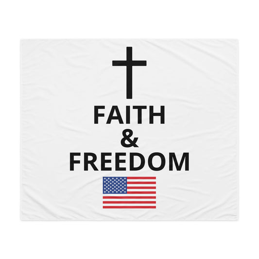 Christian patriotic wall tapestry with exclusive Faith and Freedom cross and American flag design
