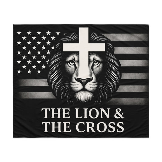 Christian patriotic wall tapestry with exclusive The Lion and The Cross logo lion cross American flag
