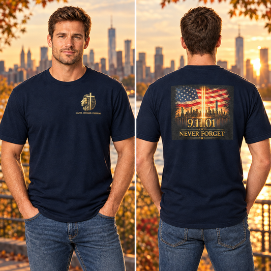 Male-model front-and-back split-screen with NYC skyline and autumn lighting