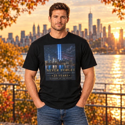 Male model wearing the black tribute tee with NYC skyline and autumn lighting
