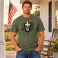 Male model wearing the military-green Signature tee in the matching Midwest farmhouse setting