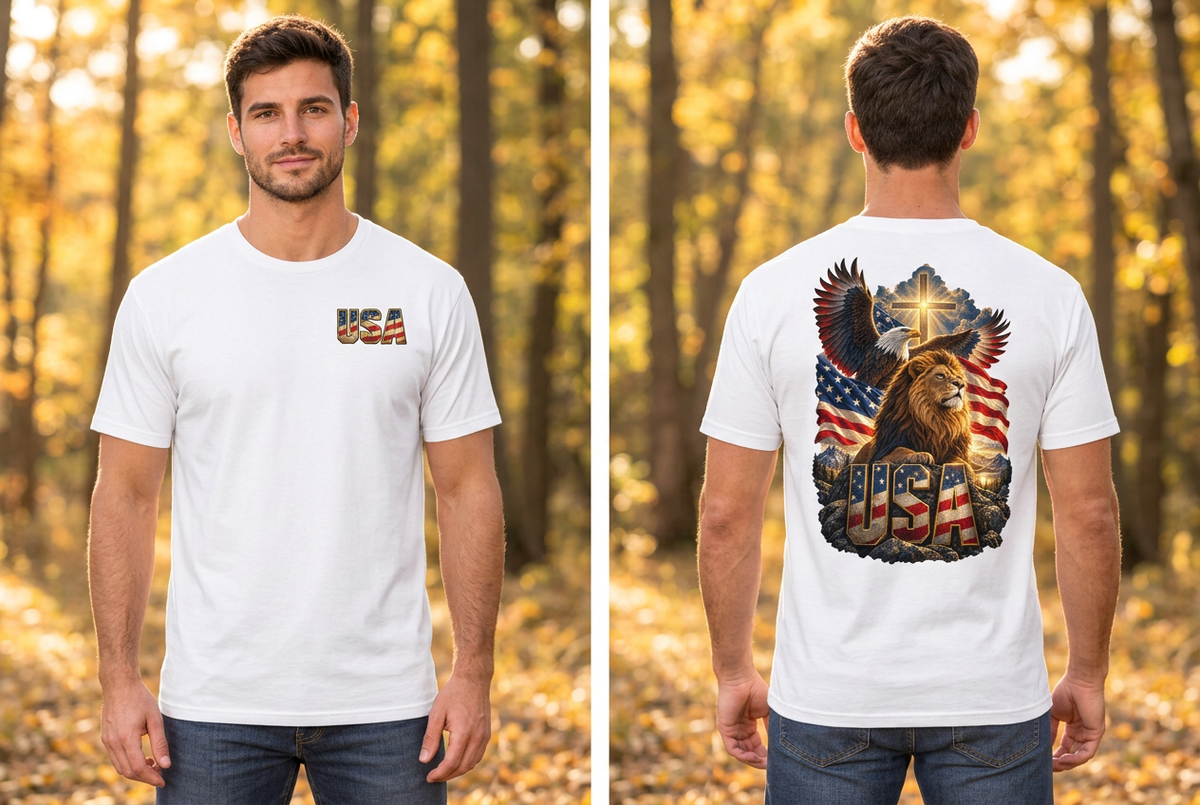 Male model wearing the white USA tee, front and back split-screen