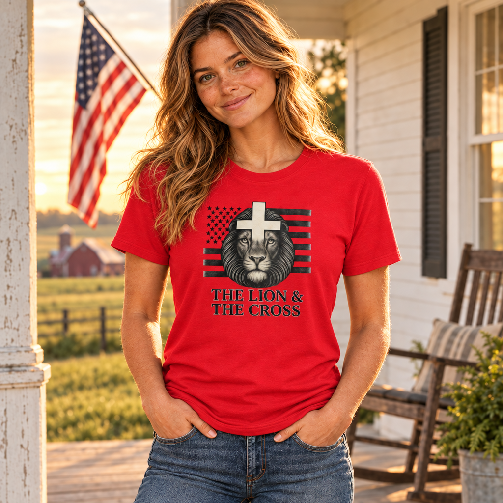 Same female model wearing the red Signature tee in the Midwest farmhouse setting