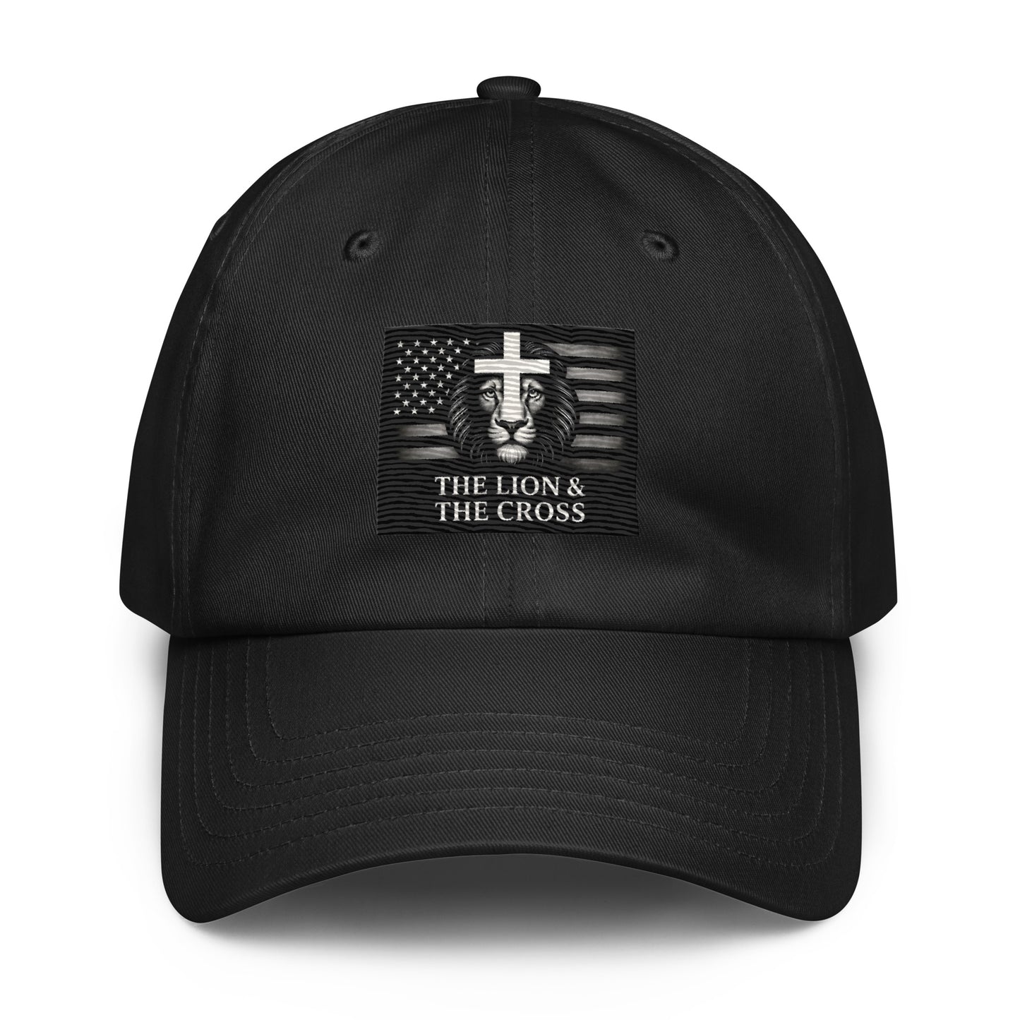 Black Christian patriotic Under Armour dad hat with exclusive The Lion and The Cross logo lion cross American flag