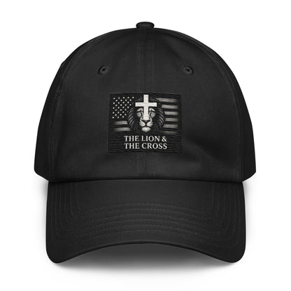 Black Christian patriotic Under Armour dad hat with exclusive The Lion and The Cross logo lion cross American flag