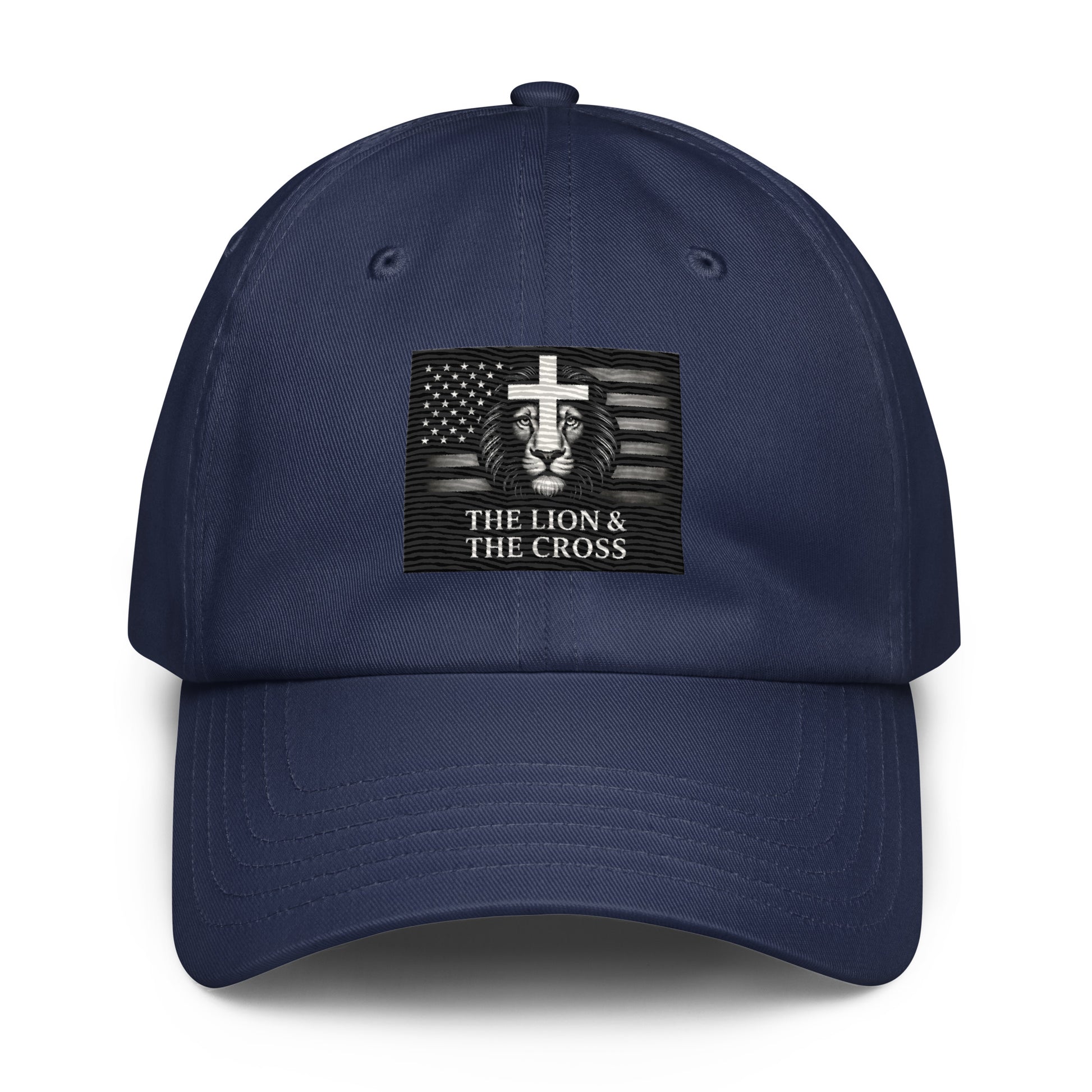 Navy  Christian patriotic Under Armour dad hat with exclusive The Lion and The Cross logo lion cross American flag