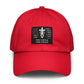 Red Christian patriotic Under Armour dad hat with exclusive The Lion and The Cross logo lion cross American flag