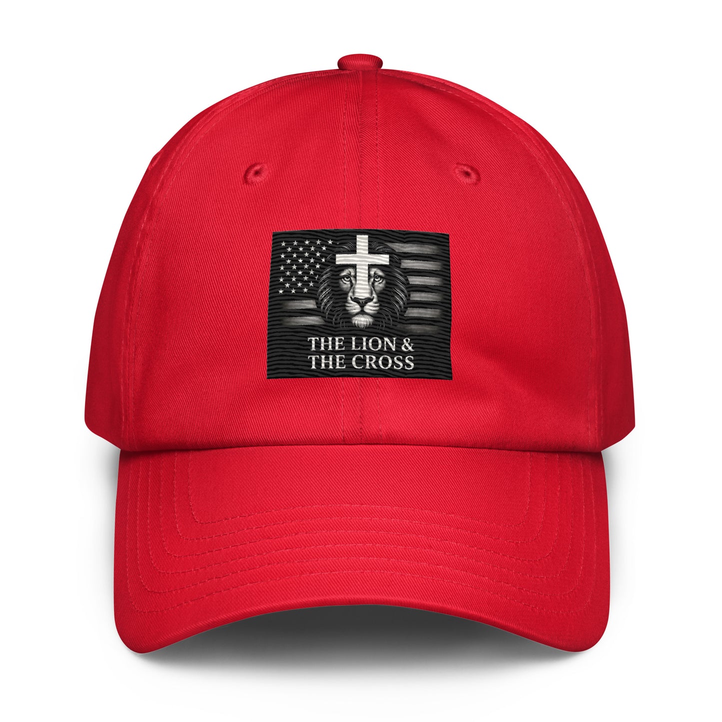 Red Christian patriotic Under Armour dad hat with exclusive The Lion and The Cross logo lion cross American flag