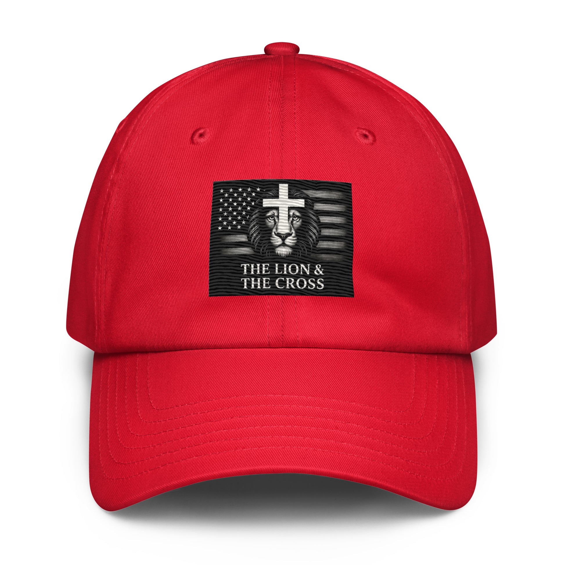 Red Christian patriotic Under Armour dad hat with exclusive The Lion and The Cross logo lion cross American flag