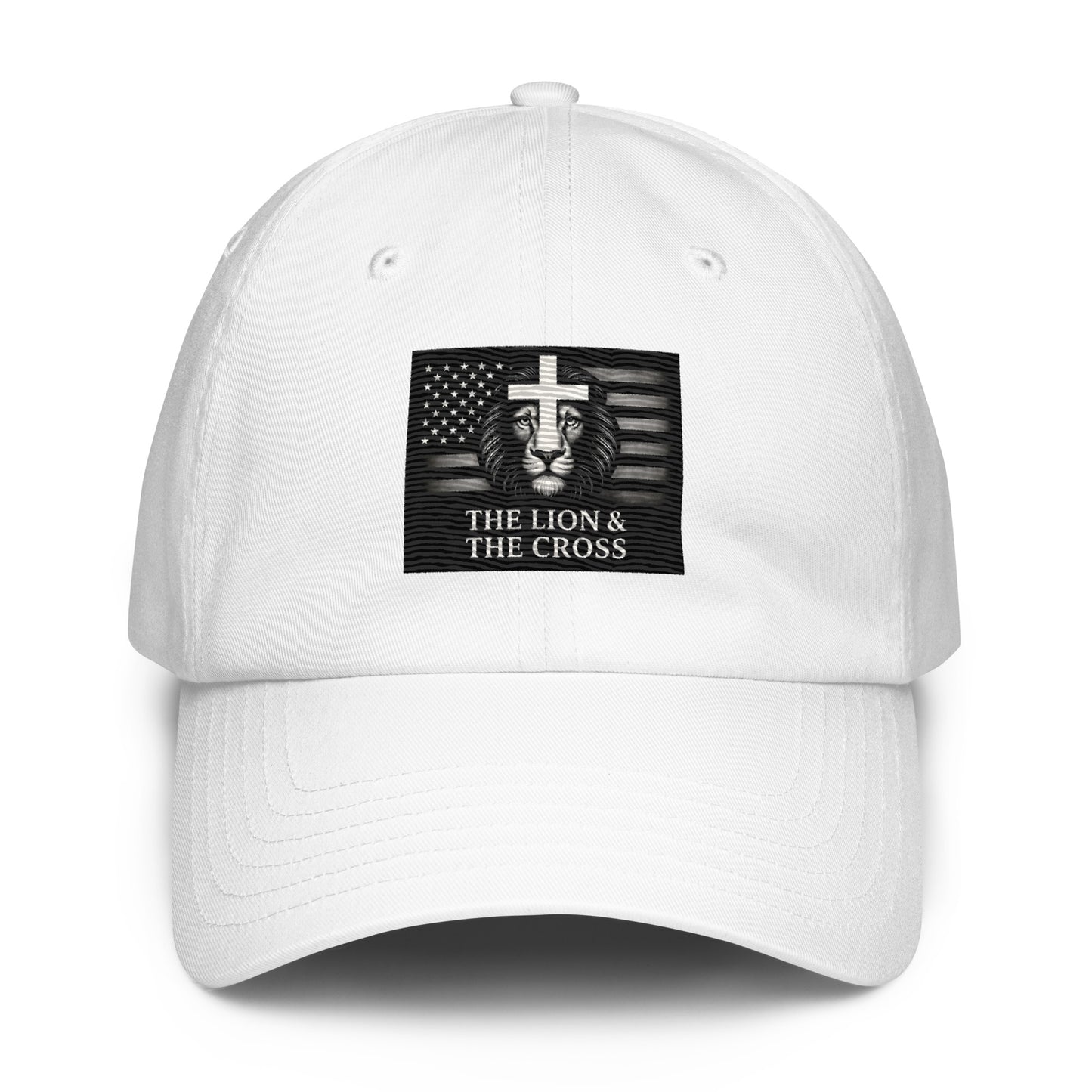 White Christian patriotic Under Armour dad hat with exclusive The Lion and The Cross logo lion cross American flag