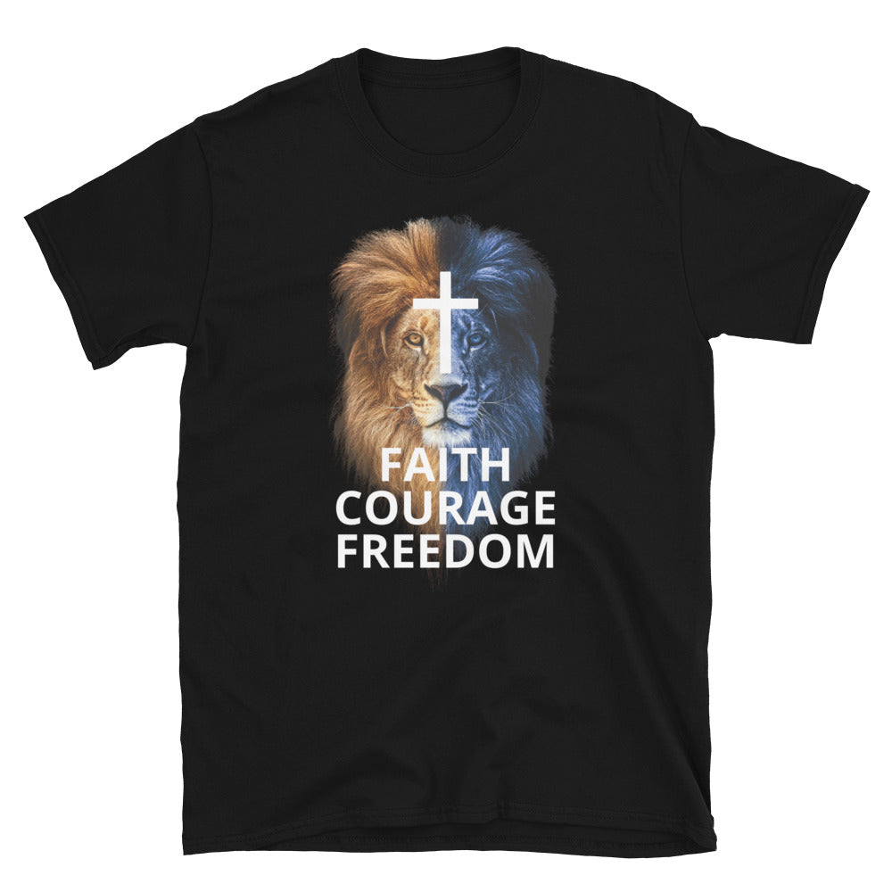Black Christian Patriotic T-shirt with Two Toned Lion - Faith Courage Freedom front American Flag back

