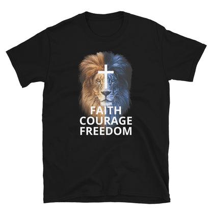 Black Christian Patriotic T-shirt with Two Toned Lion - Faith Courage Freedom front American Flag back

