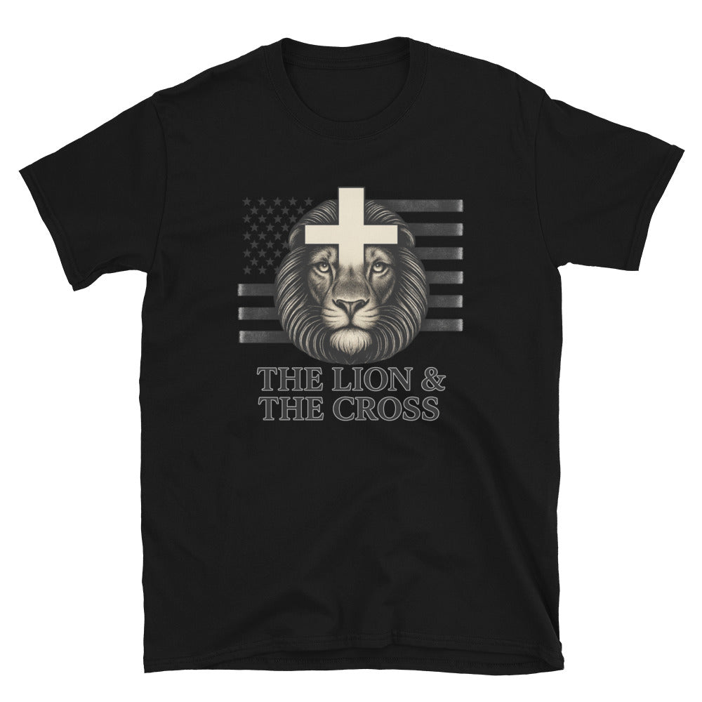 Black Christian patriotic t-shirt with exclusive The Lion and The Cross logo and American flag
