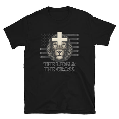 Black Christian patriotic t-shirt with exclusive The Lion and The Cross logo and American flag
