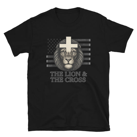 Black Christian patriotic t-shirt with exclusive The Lion and The Cross logo and American flag
