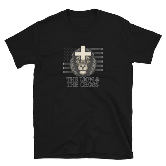 Black Christian patriotic t-shirt with exclusive The Lion and The Cross small logo and American flag
