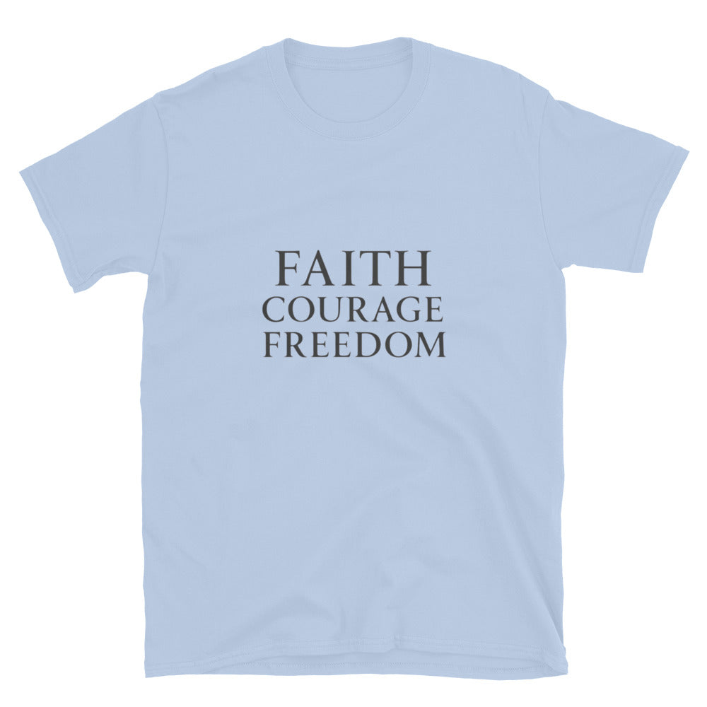 Light Blue Christian Patriotic T-shirt with Faith Courage Freedom text design