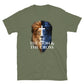 Miliatry Green Christian Patriotic T-shirt with two toned lion The Lion & The Cross front American flag back
