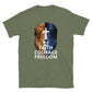 Military Green Christian Patriotic T-shirt with Two Toned Lion - Faith Courage Freedom front American Flag back
