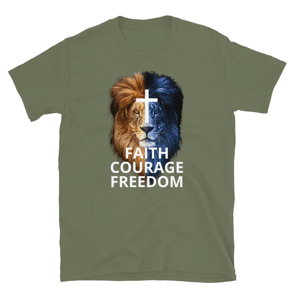 Military Green Christian Patriotic T-shirt with Two Toned Lion - Faith Courage Freedom front American Flag back
