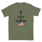 Military Green Christian patriotic t-shirt with Faith and Freedom cross and American flag design
