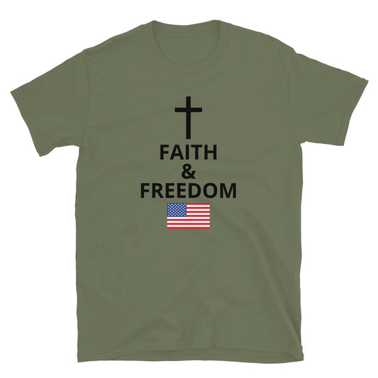 Military Green Christian patriotic t-shirt with Faith and Freedom cross and American flag design
