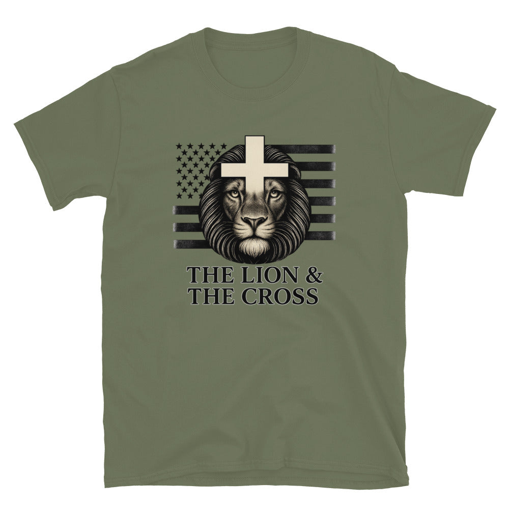 Military Green Christian patriotic t-shirt with exclusive The Lion and The Cross logo and American flag