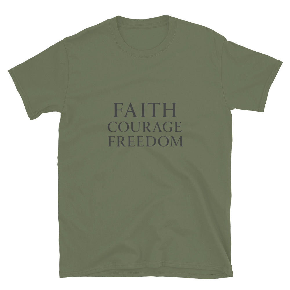 Military Green Christian Patriotic T-shirt with Faith Courage Freedom text design