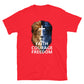 Red Christian Patriotic T-shirt with Two Toned Lion - Faith Courage Freedom front American Flag back