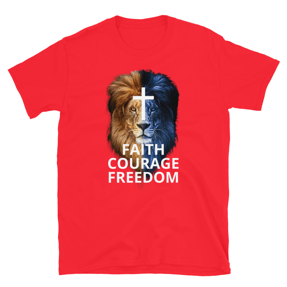 Red Christian Patriotic T-shirt with Two Toned Lion - Faith Courage Freedom front American Flag back