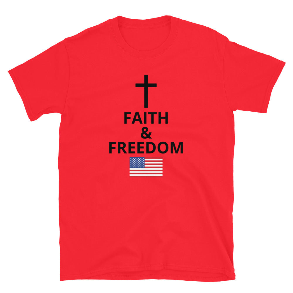 Red Christian patriotic t-shirt with Faith and Freedom cross and American flag design
