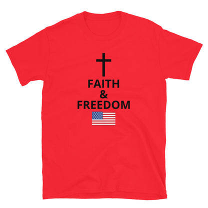 Red Christian patriotic t-shirt with Faith and Freedom cross and American flag design
