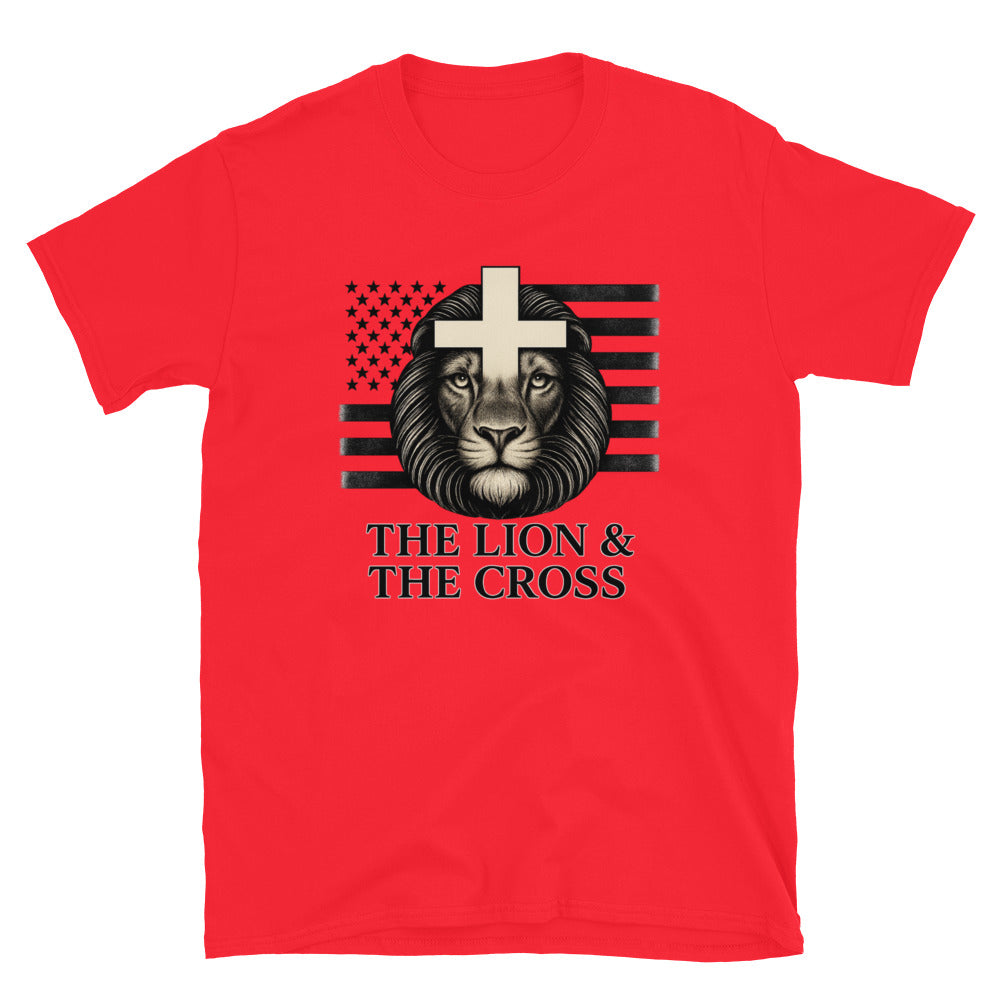 Red Christian patriotic t-shirt with exclusive The Lion and The Cross logo and American flag