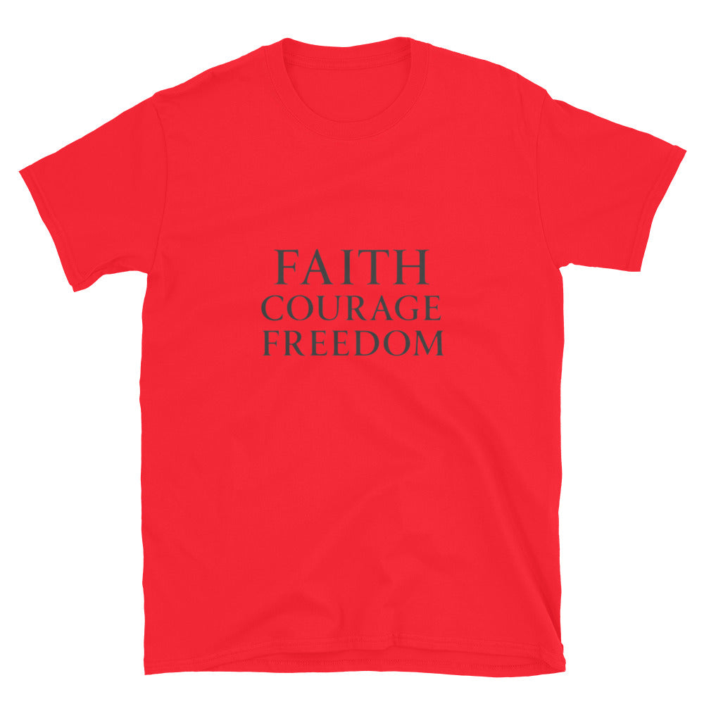 Red Christian Patriotic T-shirt with Faith Courage Freedom text design