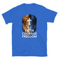 Royal Blue Christian Patriotic T-shirt with Two Toned Lion - Faith Courage Freedom front American Flag back
