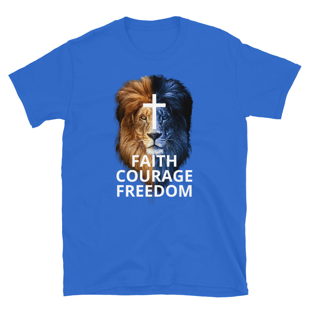 Royal Blue Christian Patriotic T-shirt with Two Toned Lion - Faith Courage Freedom front American Flag back
