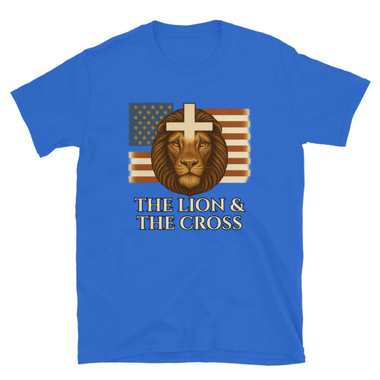 Royal Blue Christian patriotic t-shirt with exclusive The Lion and The Cross vintage logo text antique gold lion cross American flag
