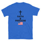 Royal Blue Christian patriotic t-shirt with Faith and Freedom cross and American flag design
