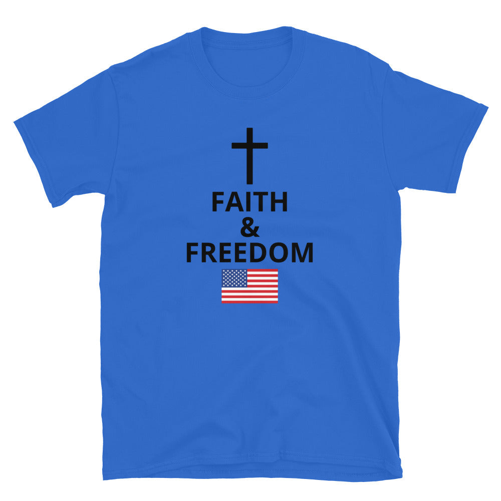 Royal Blue Christian patriotic t-shirt with Faith and Freedom cross and American flag design
