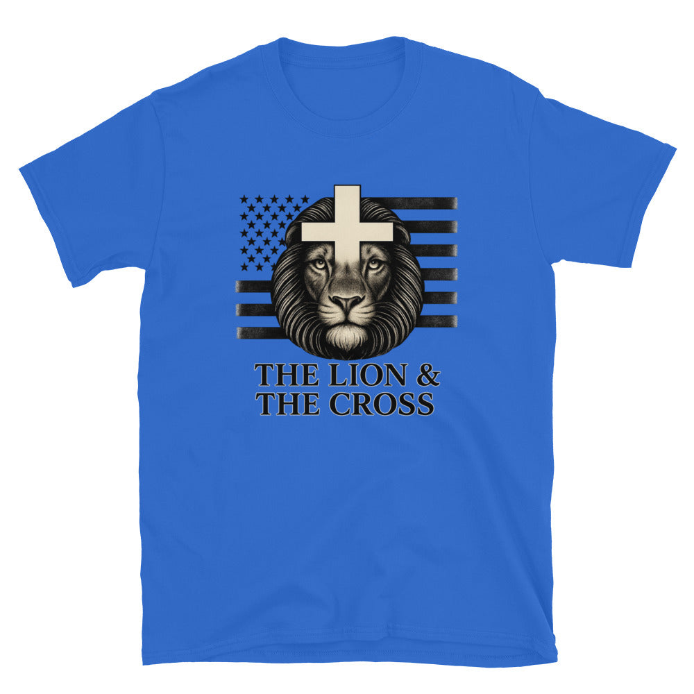 Royal Blue Christian patriotic t-shirt with exclusive The Lion and The Cross logo and American flag