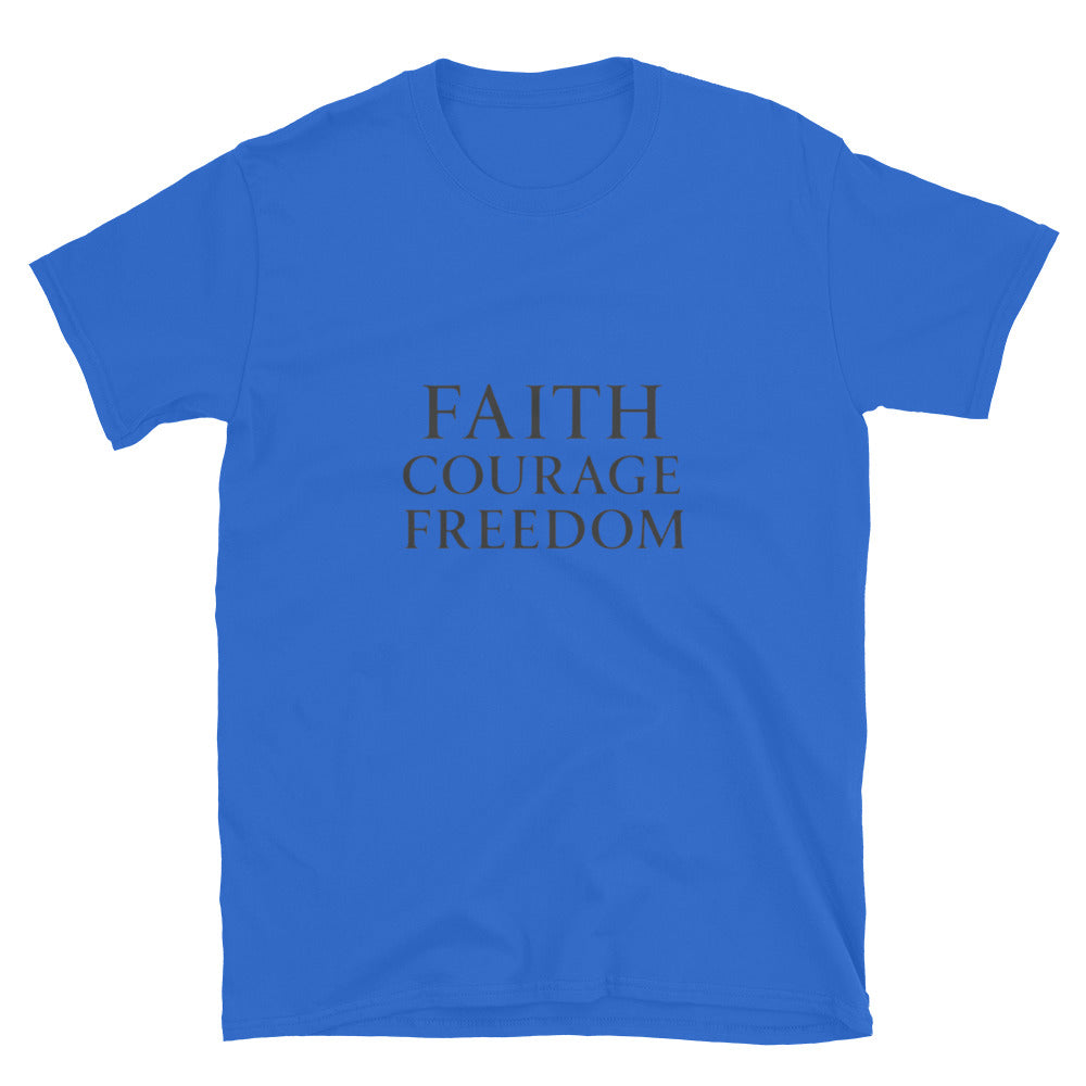 Royal Blue Christian Patriotic T-shirt with Faith Courage Freedom text design
