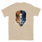 Tan Christian Patriotic T-shirt with two toned lion The Lion & The Cross front American flag back
