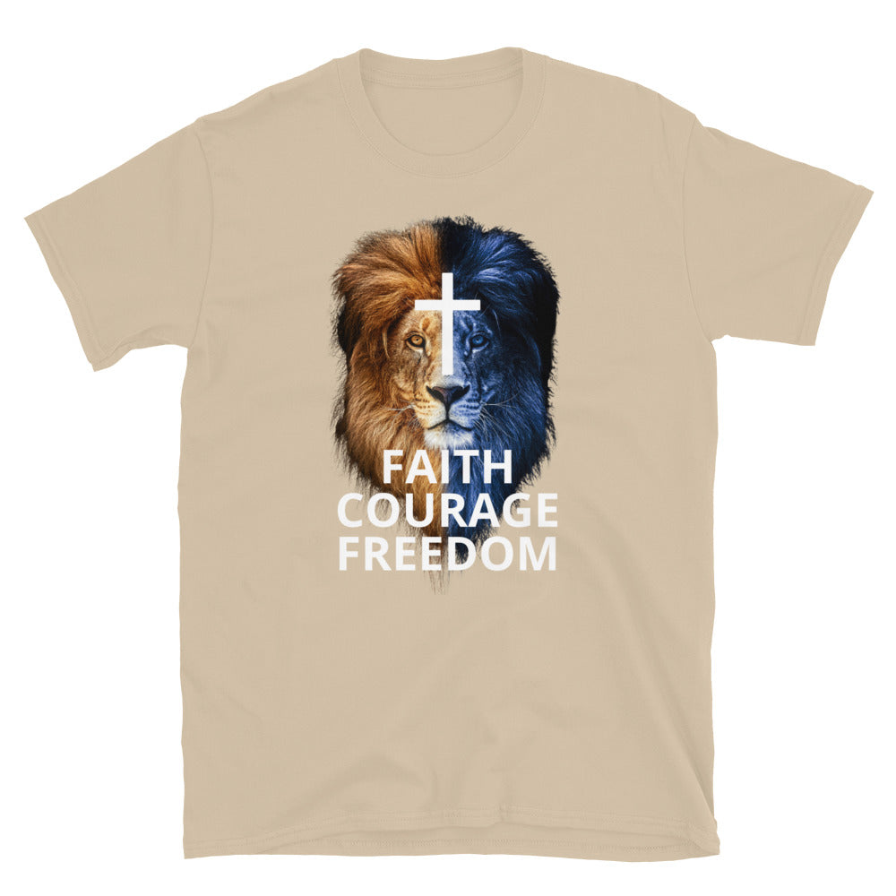 Tan Christian Patriotic T-shirt with Two Toned Lion - Faith Courage Freedom front American Flag back