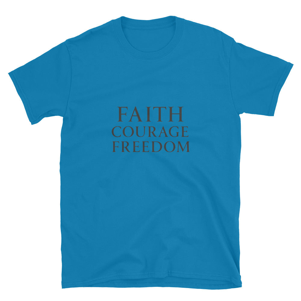 Saffire Blue Christian Patriotic T-shirt with Faith Courage Freedom text design