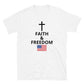 White Christian patriotic t-shirt with Faith and Freedom cross and American flag design
