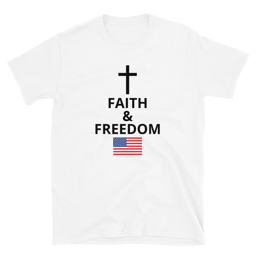 White Christian patriotic t-shirt with Faith and Freedom cross and American flag design
