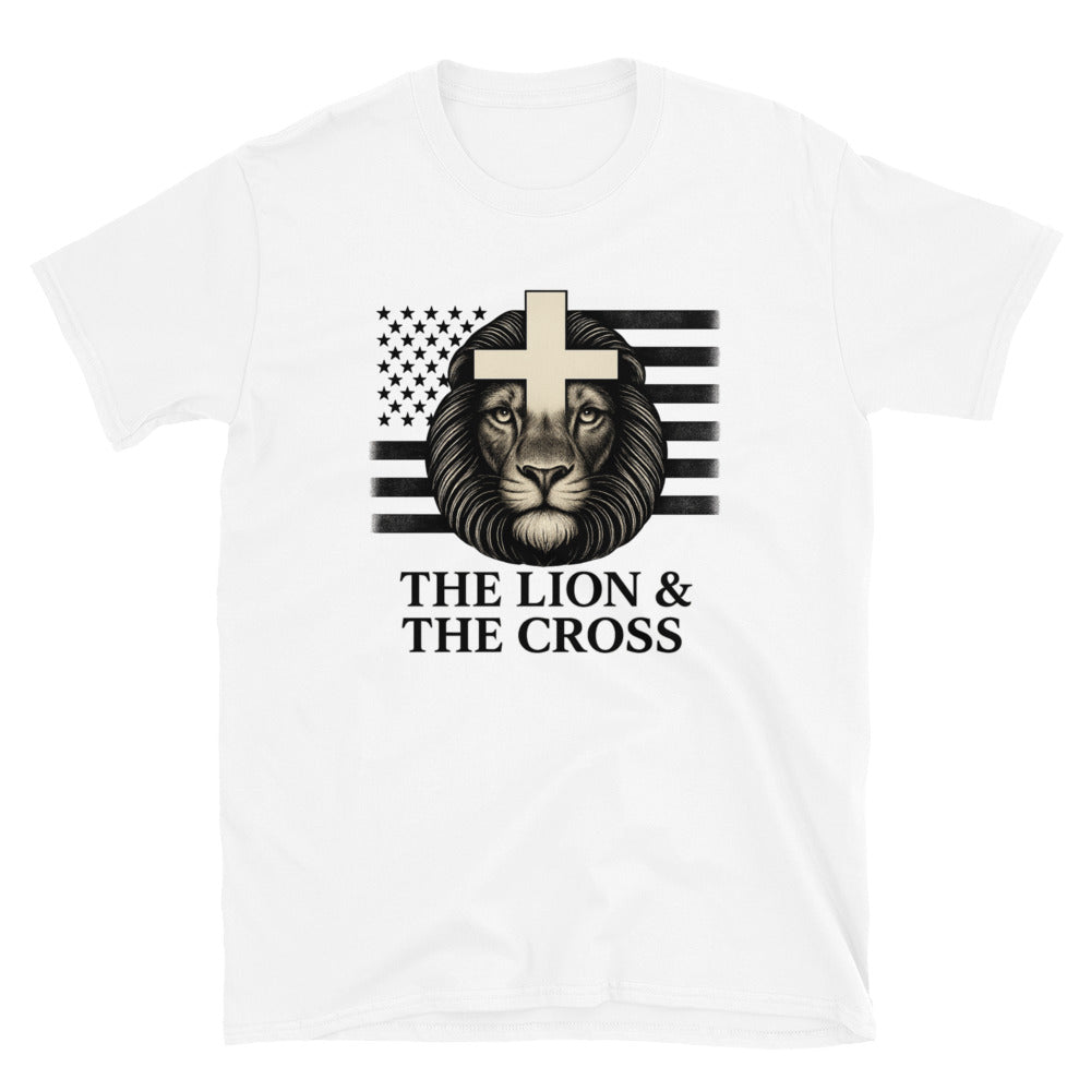 White Christian patriotic t-shirt with exclusive The Lion and The Cross logo and American flag