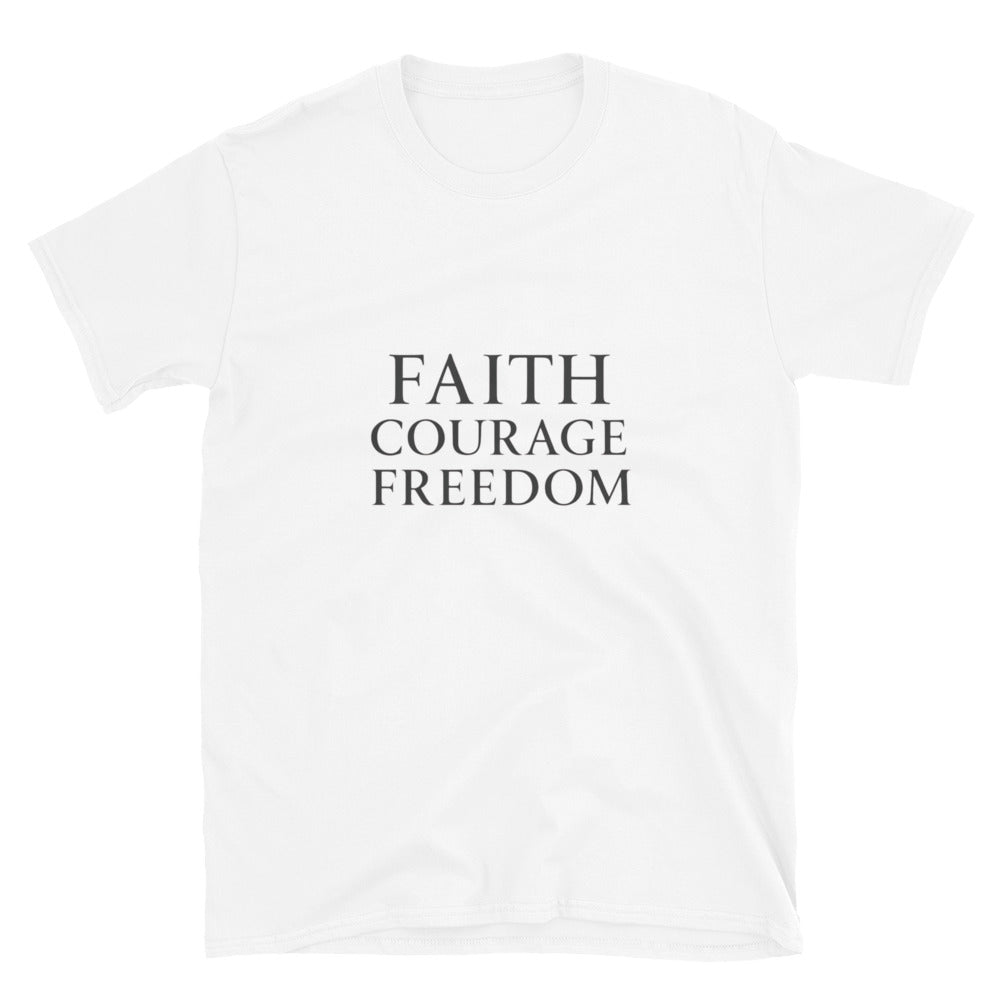 White Christian Patriotic T-shirt with Faith Courage Freedom text design