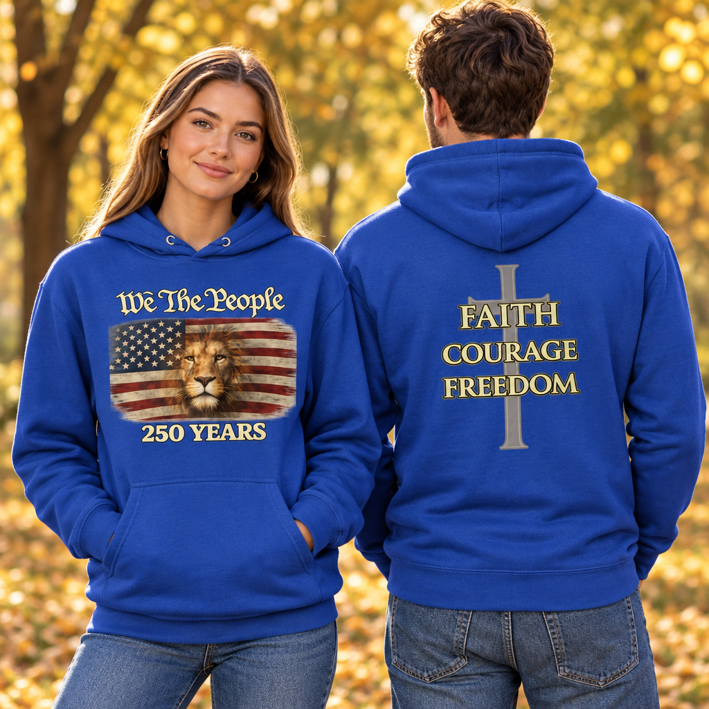We The People hoodie front and back on female and male models