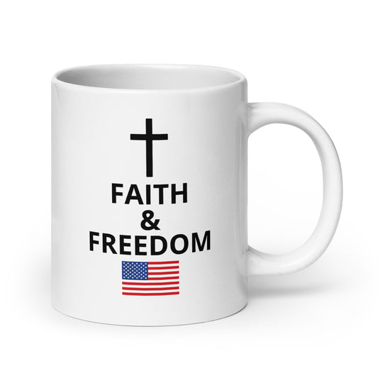 White glossy Christian patriotic mug with exclusive Faith and Freedom cross and American flag design
